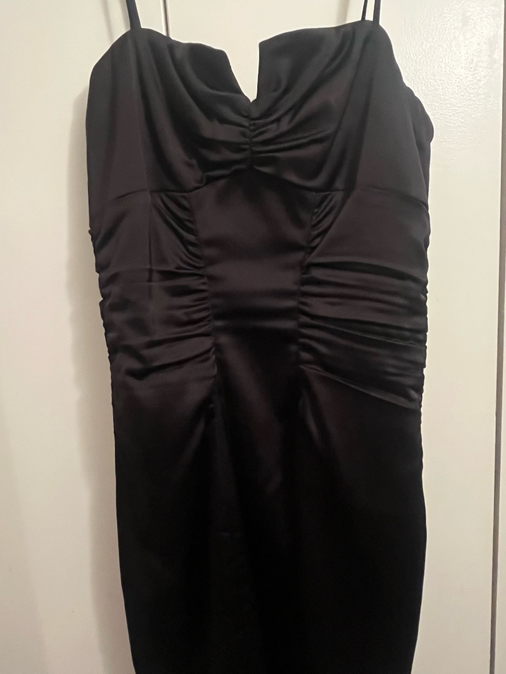 Vintage Cache black Ruched Satin Slip Dress with Spaghetti Straps. Y2K. Whimsy.